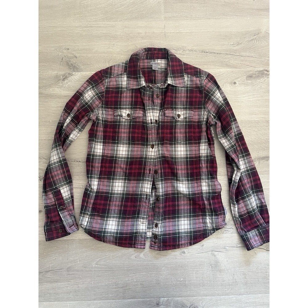 Carhartt Flannel Shirt Women's Small Plaid Button Front Pocket Flap Workwear